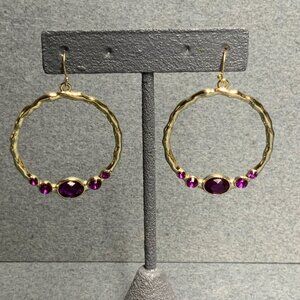 Dangle Hoop Pierced Earrings 1.5 In Magenta Purple Pale Gold Rhinestone Organic